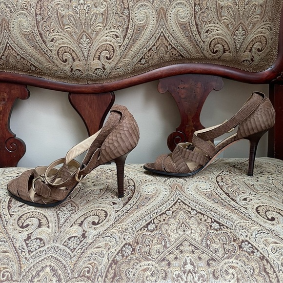 Coach Fawn Light Brown Snakeskin Embossed Leather Strappy Heels Open Toe Size 11 - Picture 5 of 10